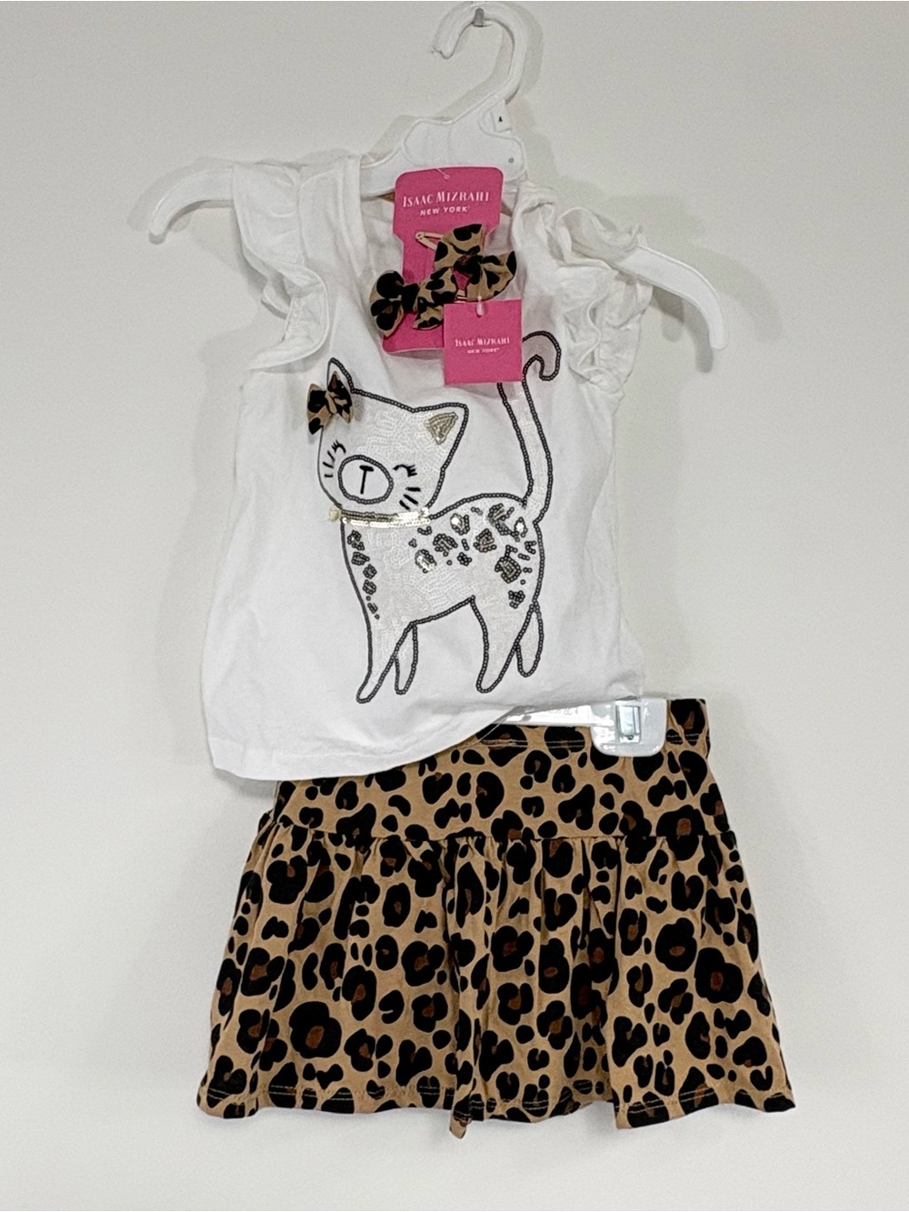 Isaac Mizrahi Girls Leopard Cat Animal Print Top & Skirt Set with Hair Bows